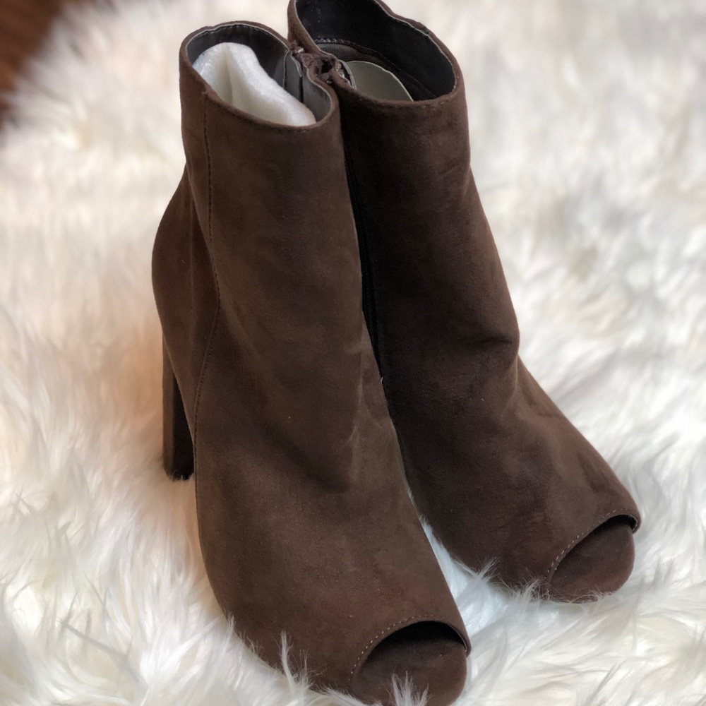 Open Toe Peep Toe Dark Brown Block Heel Booties